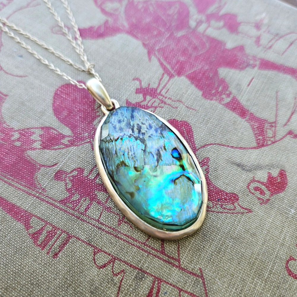 K.C. Silver Tone Faceted Faux Abalone Shell Oval Pendant Double Strand Necklace